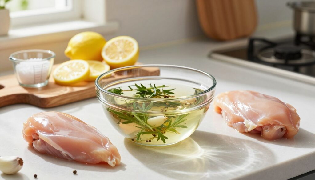 A clean, well-lit kitchen countertop showcasing the brining technique for chicken. In the foreground, a clear glass bowl filled with a vibrant brine solution, containing fresh herbs, garlic cloves, and peppercorns. Juicy chicken breasts are placed beside the bowl, glistening from moisture. In the middle ground, a wooden cutting board displays sliced lemons and a measuring cup with coarse sea salt, emphasizing the preparation process. The background features a softly blurred kitchen setting, highlighting utensils and spices. Natural light filters through a nearby window, casting soft shadows for an inviting atmosphere. Use a shallow depth of field to focus on the brine and chicken, evoking a sense of culinary artistry and freshness.