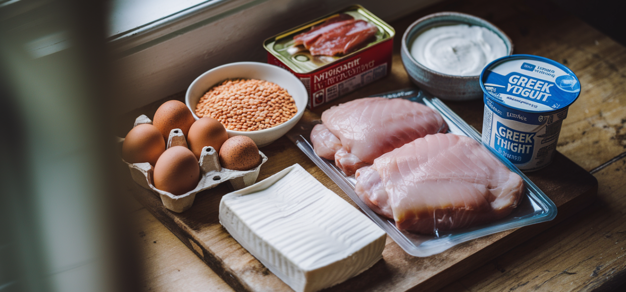 Flat lay of affordable high-protein meal prep ingredients including eggs, canned tuna, dried lentils, frozen chicken thighs, Greek yogurt, and tofu on a wooden cutting board
