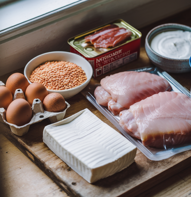 Flat lay of affordable high-protein meal prep ingredients including eggs, canned tuna, dried lentils, frozen chicken thighs, Greek yogurt, and tofu on a wooden cutting board