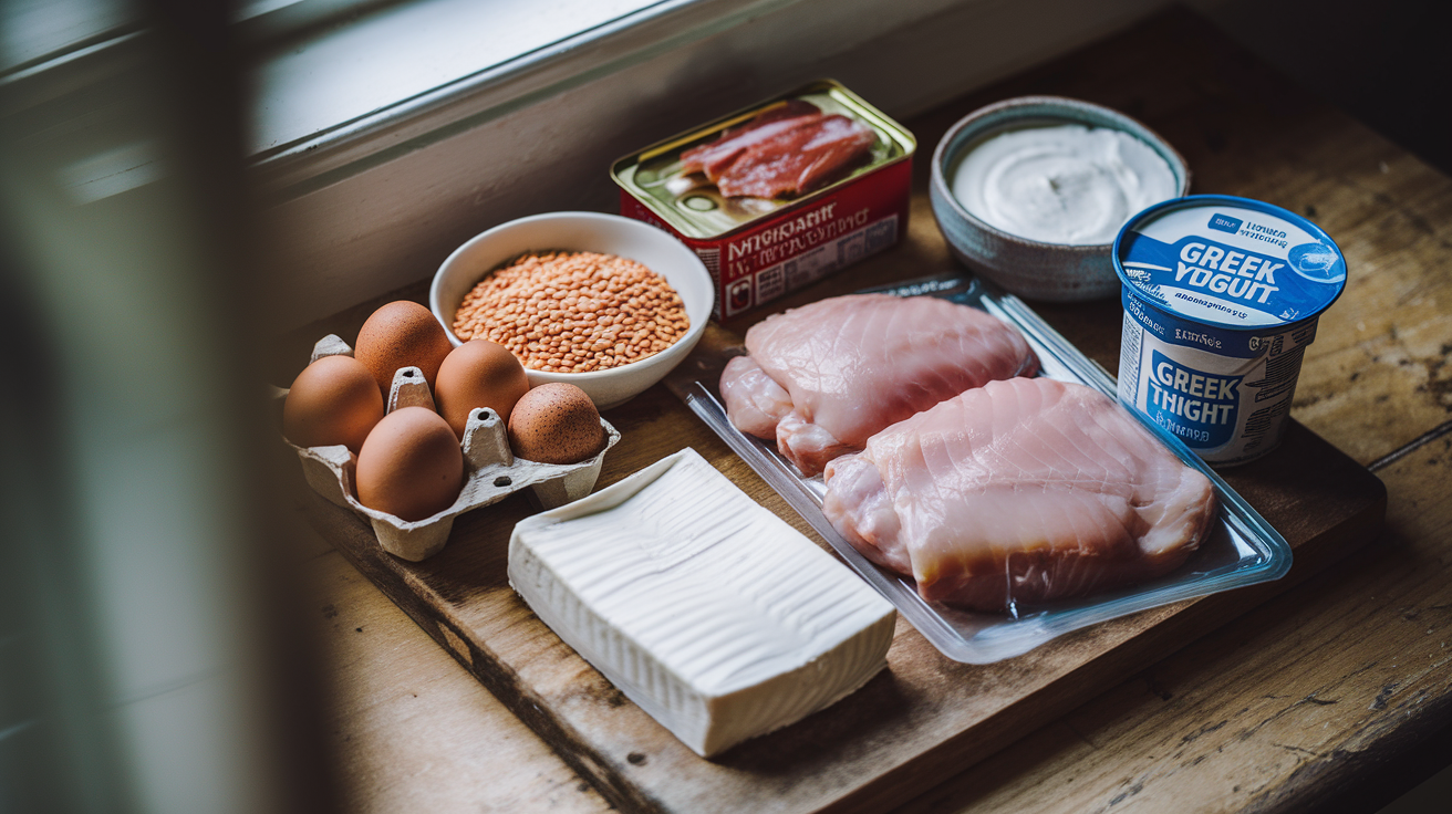 Flat lay of affordable high-protein meal prep ingredients including eggs, canned tuna, dried lentils, frozen chicken thighs, Greek yogurt, and tofu on a rustic wooden cutting board