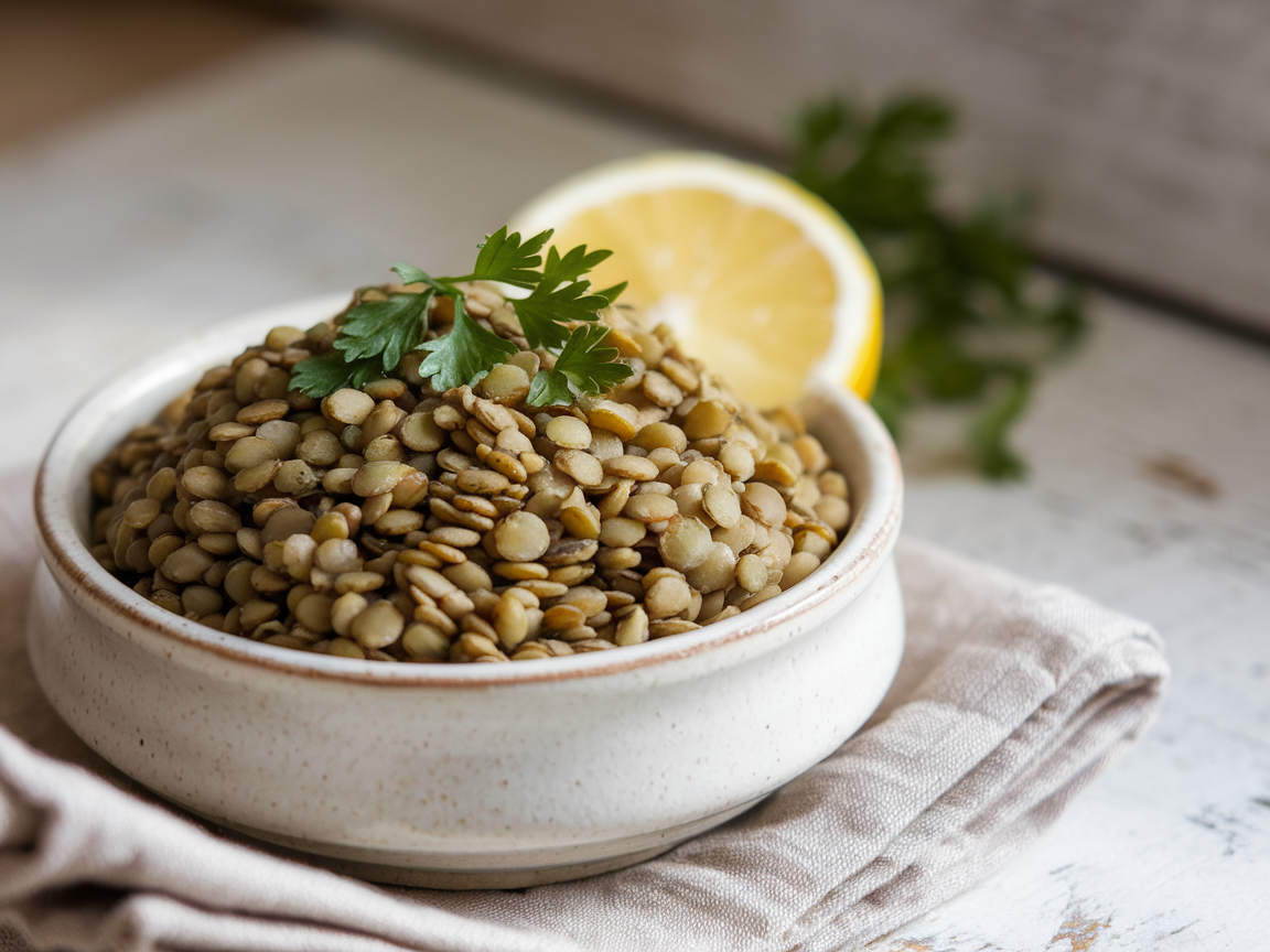 A white ceramic bowl of cooked green lentils garnished with fresh parsley and a lemon wedge