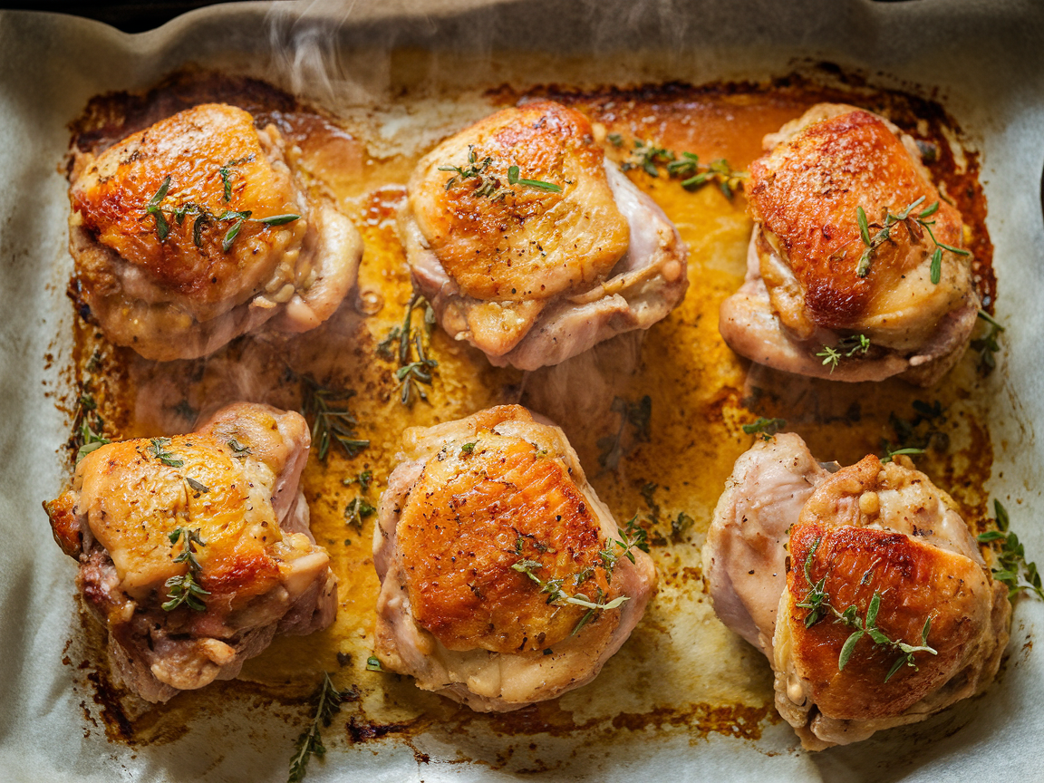 Overhead shot of six golden-brown baked chicken thighs on a parchment-lined baking sheet with herbs and steam rising