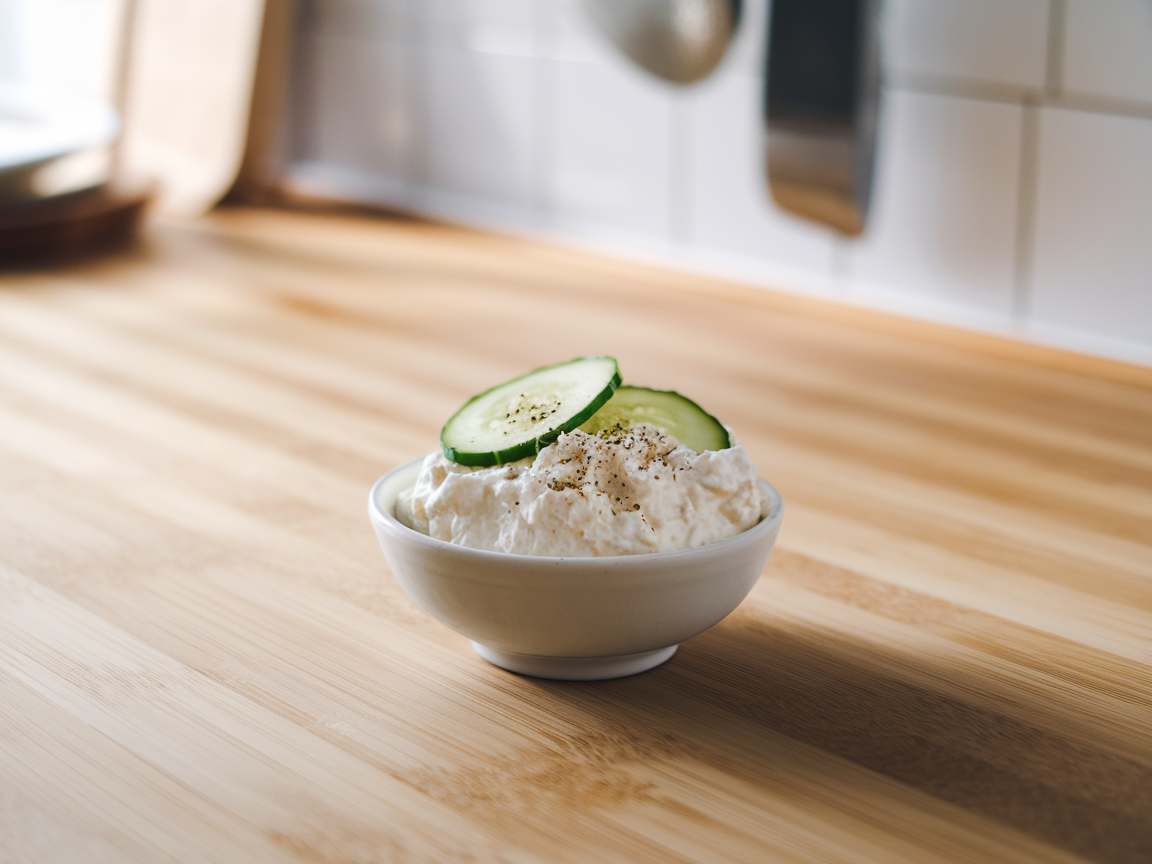A small white bowl of creamy cottage cheese topped with sliced cucumber and cracked black pepper on a wooden counter
