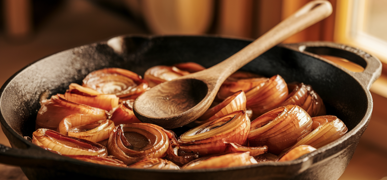 Close-up of a cast iron skillet filled with deeply golden-brown caramelized onions glistening with butter, wooden spoon resting in center