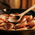 Close-up of a cast iron skillet filled with deeply golden-brown caramelized onions glistening with butter, wooden spoon resting in center