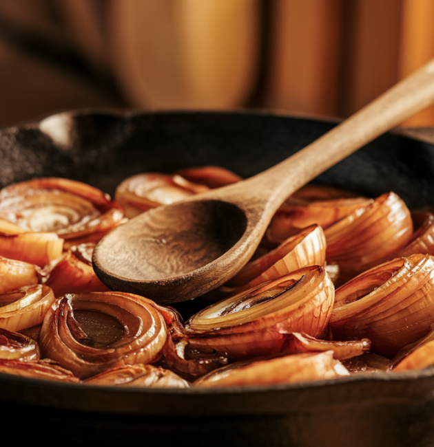 Close-up of a cast iron skillet filled with deeply golden-brown caramelized onions glistening with butter, wooden spoon resting in center