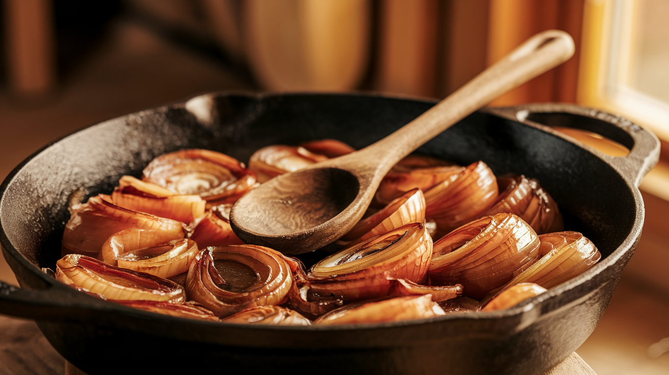 Close-up of a cast iron skillet filled with deeply golden-brown caramelized onions glistening with butter, wooden spoon resting in center