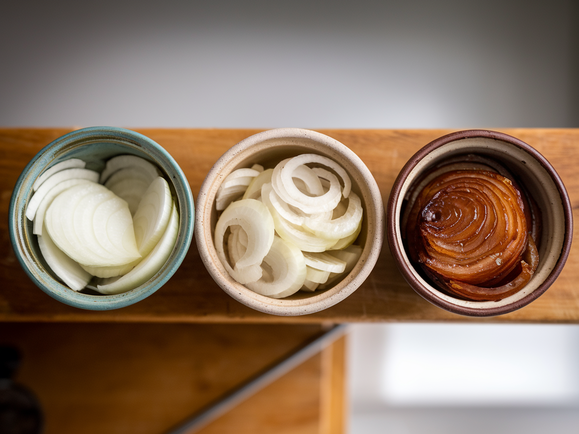 Three small bowls showing caramelized onion stages: raw sliced white onions, pale golden onions at 20 minutes, and deep amber jammy onions at 60 minutes