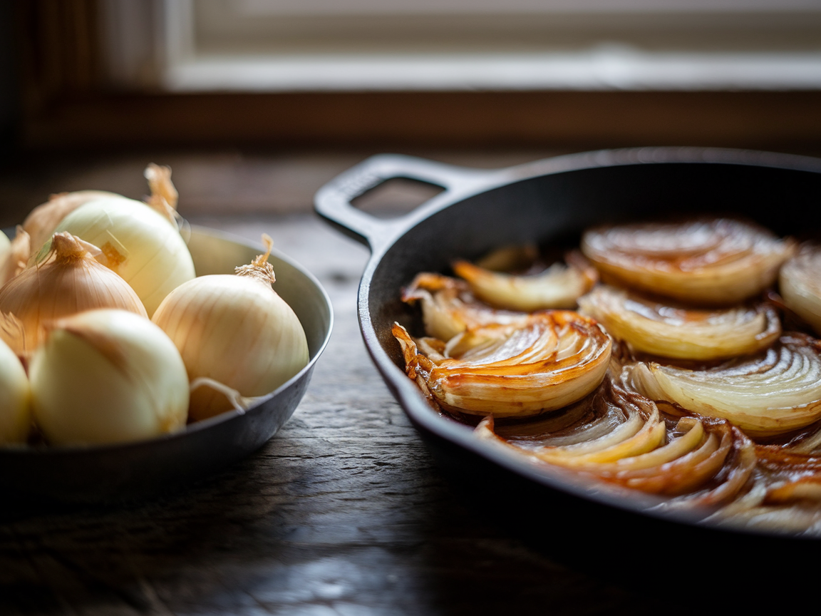 Side-by-side close-up showing pale steamed onions in a small crowded pan on the left and deeply caramelized golden-brown onions in a wide cast iron skillet on the right