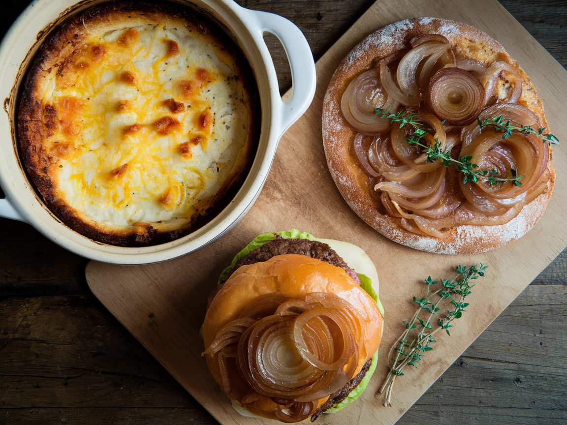Overhead flat lay of caramelized onion uses: French onion soup in a crock with melted gruyere, a flatbread with caramelized onions and herbs, and a burger topped with glossy caramelized onions