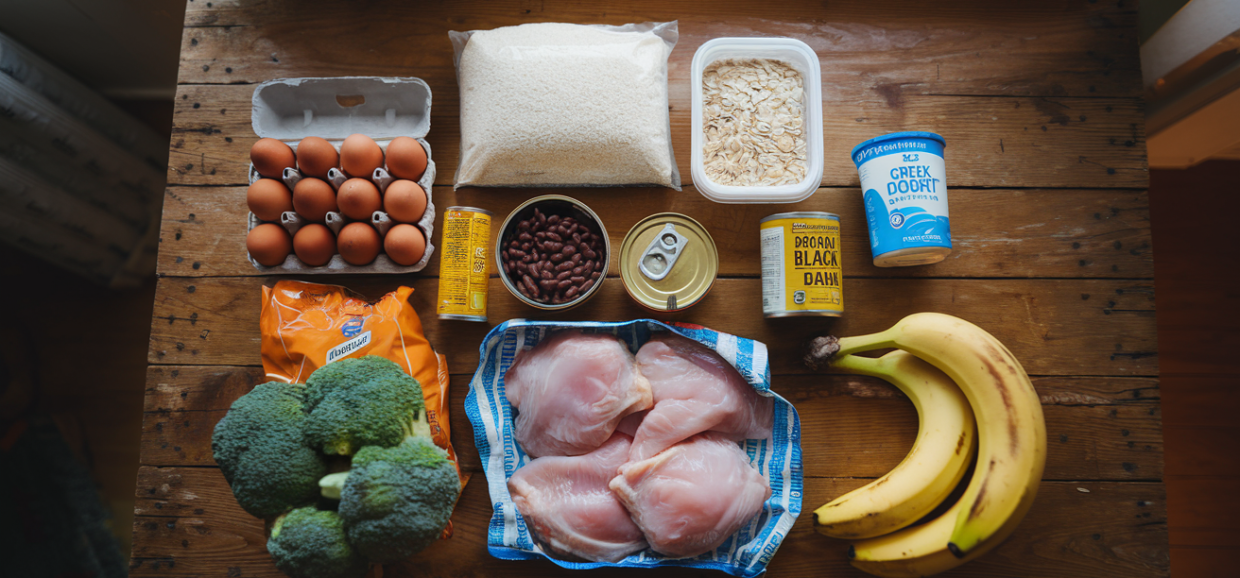 Budget grocery haul flat lay: eggs, rice, oats, canned beans and tuna, frozen broccoli, chicken thighs, bananas, and Greek yogurt on a wooden table