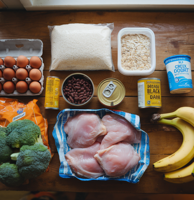 Budget grocery haul flat lay: eggs, rice, oats, canned beans and tuna, frozen broccoli, chicken thighs, bananas, and Greek yogurt on a wooden table
