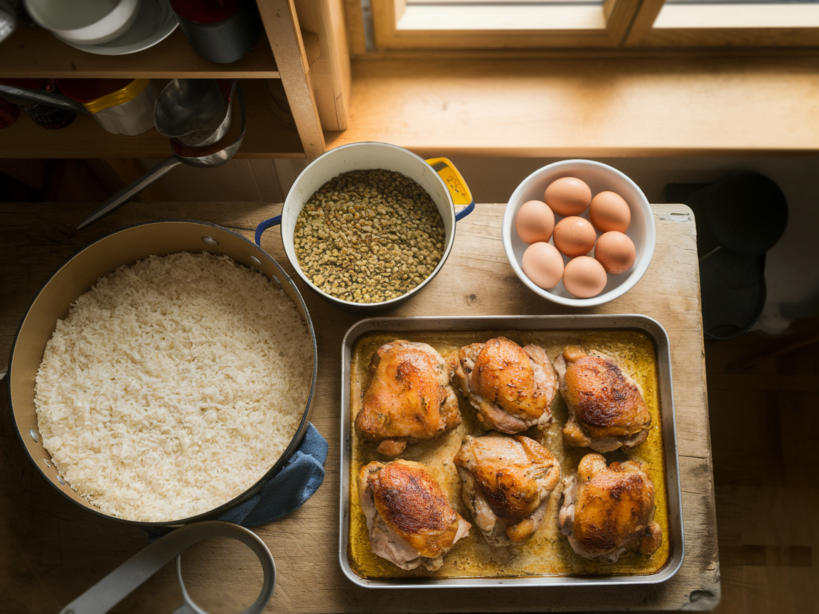 Sunday meal prep spread: pot of white rice, tray of golden baked chicken thighs, bowl of cooked lentils, and hard-boiled eggs