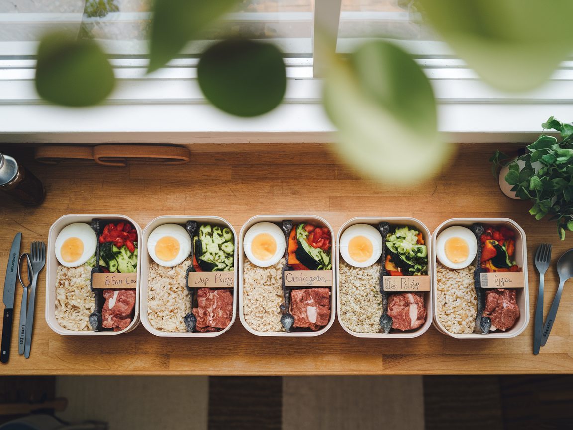 Five meal prep containers in a row, each filled with different combinations of rice, vegetables, and protein