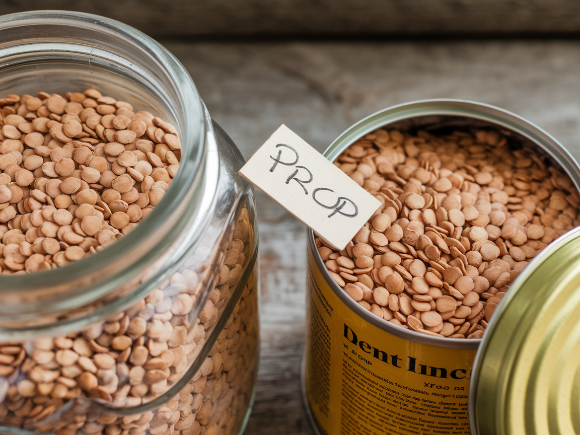 Side-by-side comparison of dried lentils in a glass jar versus an open can, showing the cost difference