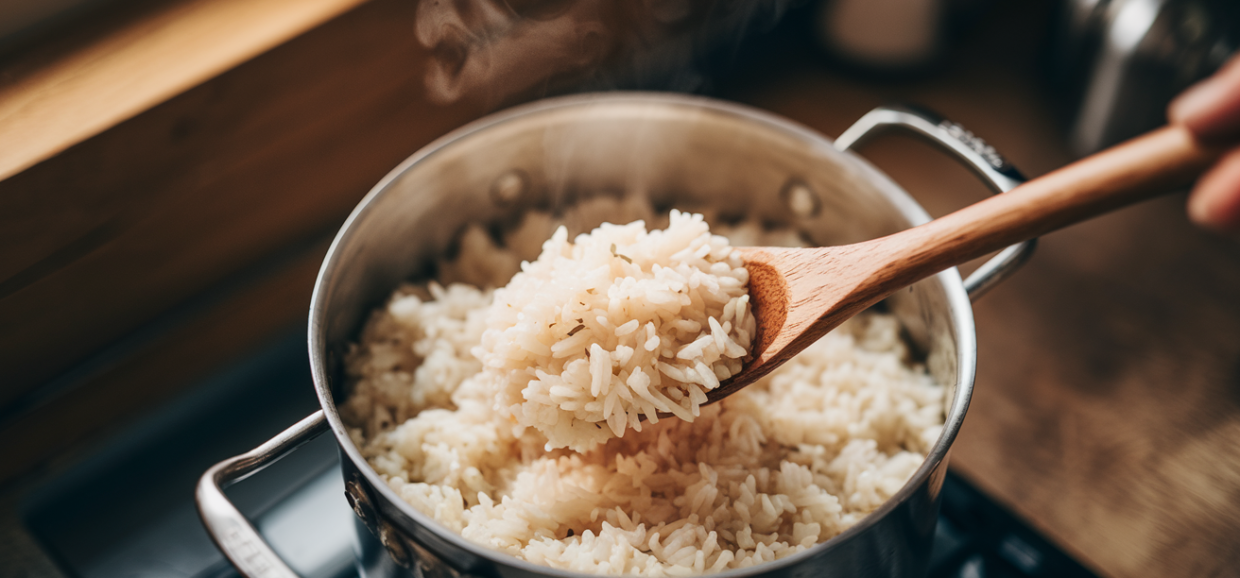 Overhead close-up of a pot of overcooked mushy white rice being stirred with a wooden spoon, steam rising softly
