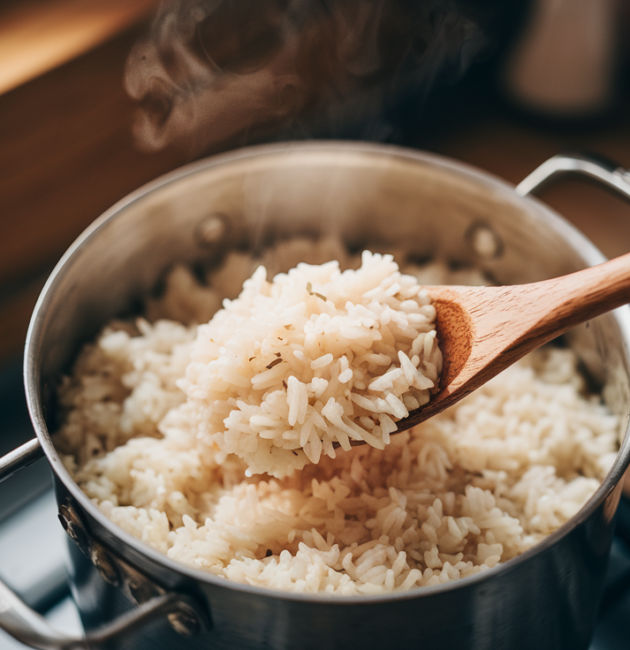 Overhead close-up of a pot of overcooked mushy white rice being stirred with a wooden spoon, steam rising softly