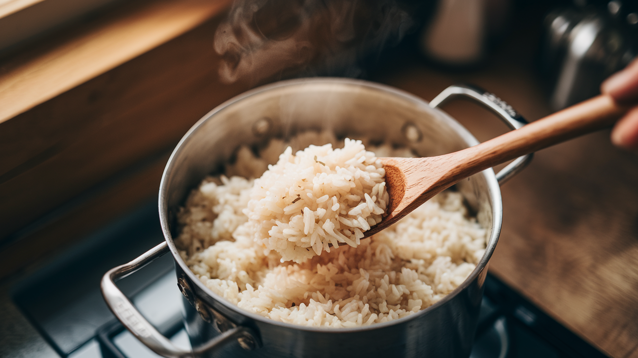 Overhead close-up of a pot of overcooked mushy white rice being stirred with a wooden spoon, steam rising