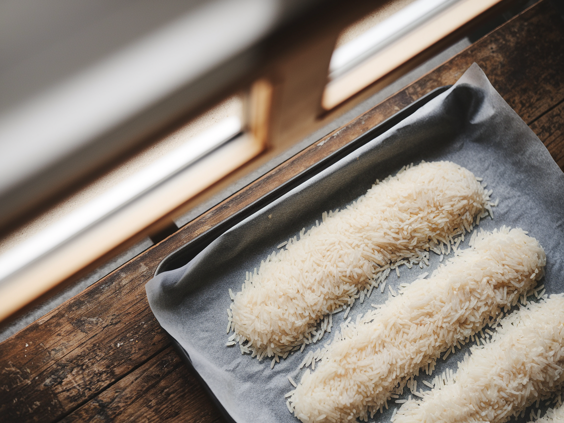 White rice spread in a single even layer on a rimmed baking sheet lined with parchment on a wooden surface