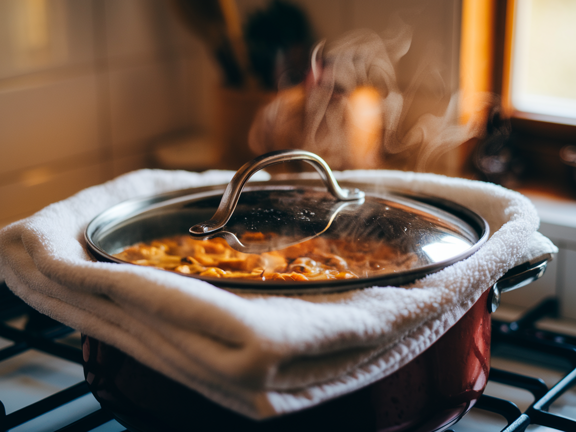White kitchen towel folded under the lid of a pot on a stove with steam escaping from the sides