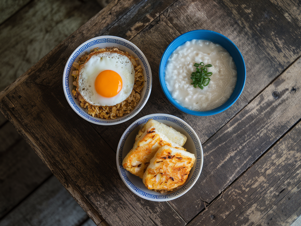 Overhead flat lay of three small bowls: golden fried rice with fried egg, creamy congee with green onions, golden pan-fried rice patties
