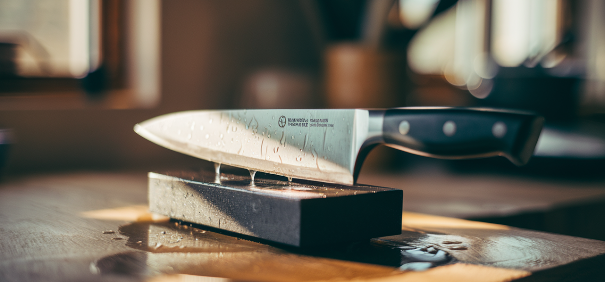 Chef's knife being sharpened on a whetstone with water droplets on a rustic kitchen counter