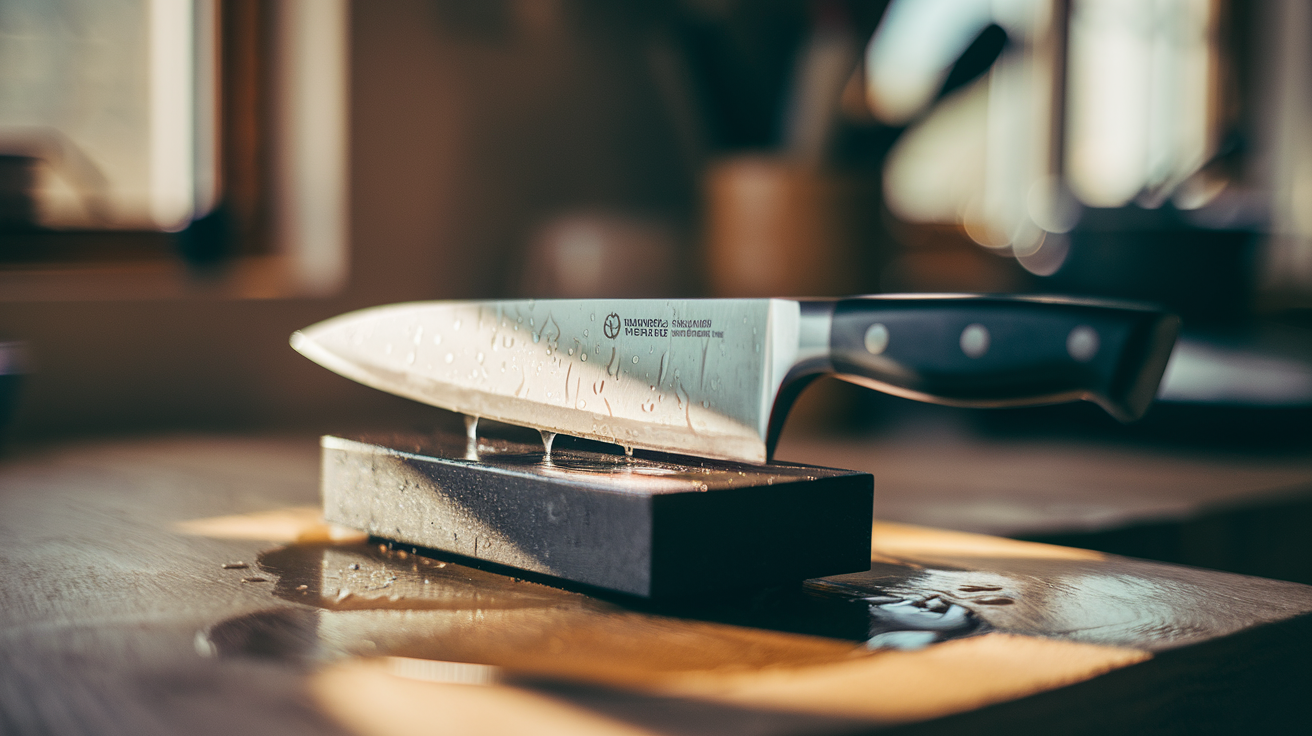 Chef's knife being sharpened on a whetstone with water droplets on a rustic kitchen counter