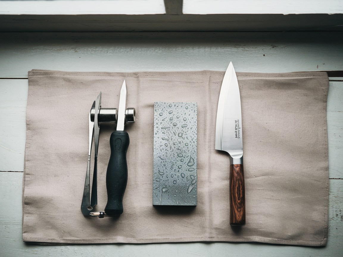 Flat lay of pull-through sharpener, whetstone, and honing rod on a linen cloth