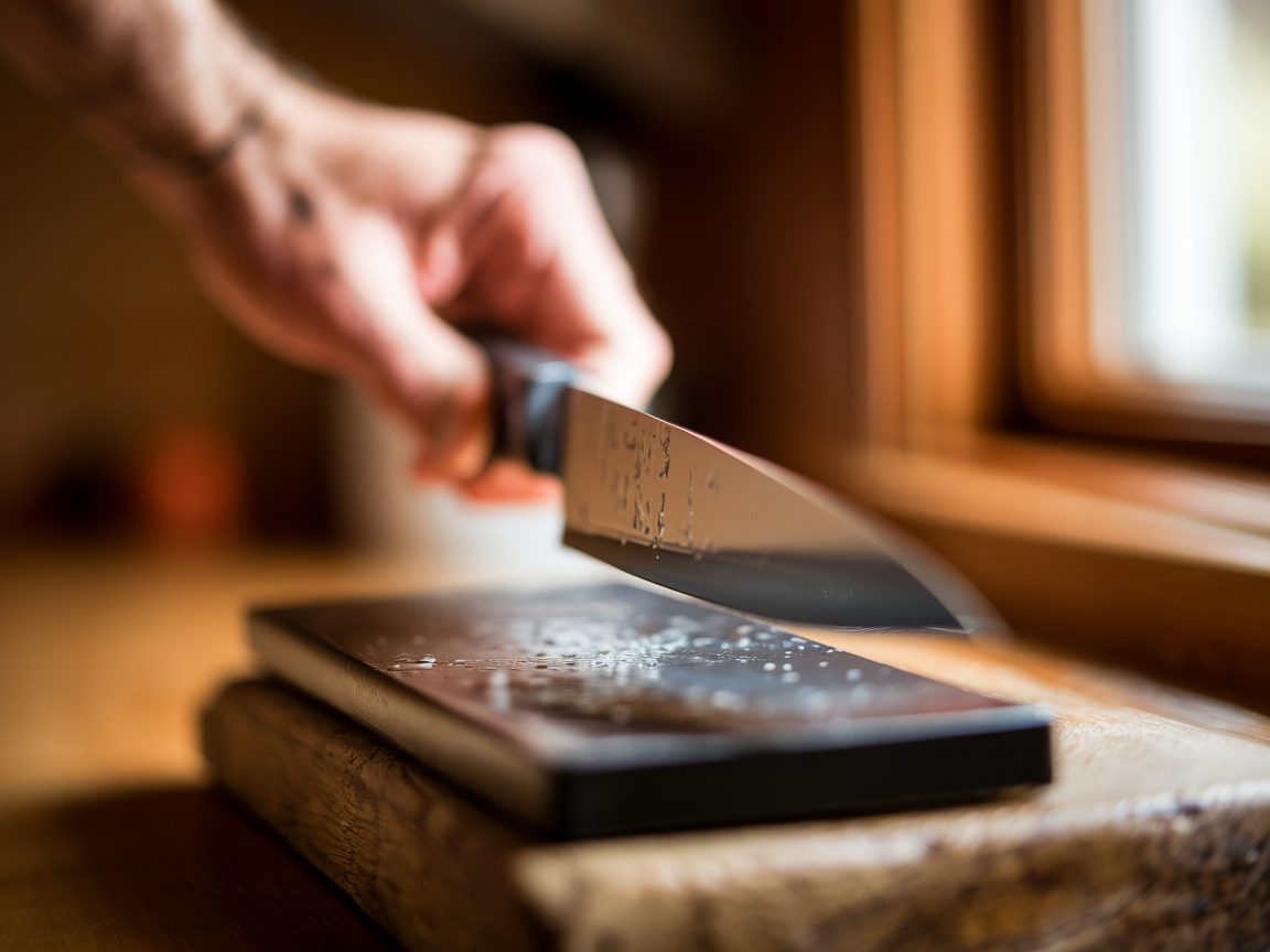 Hands sharpening a chef's knife on a wet whetstone at an angle on a wooden surface