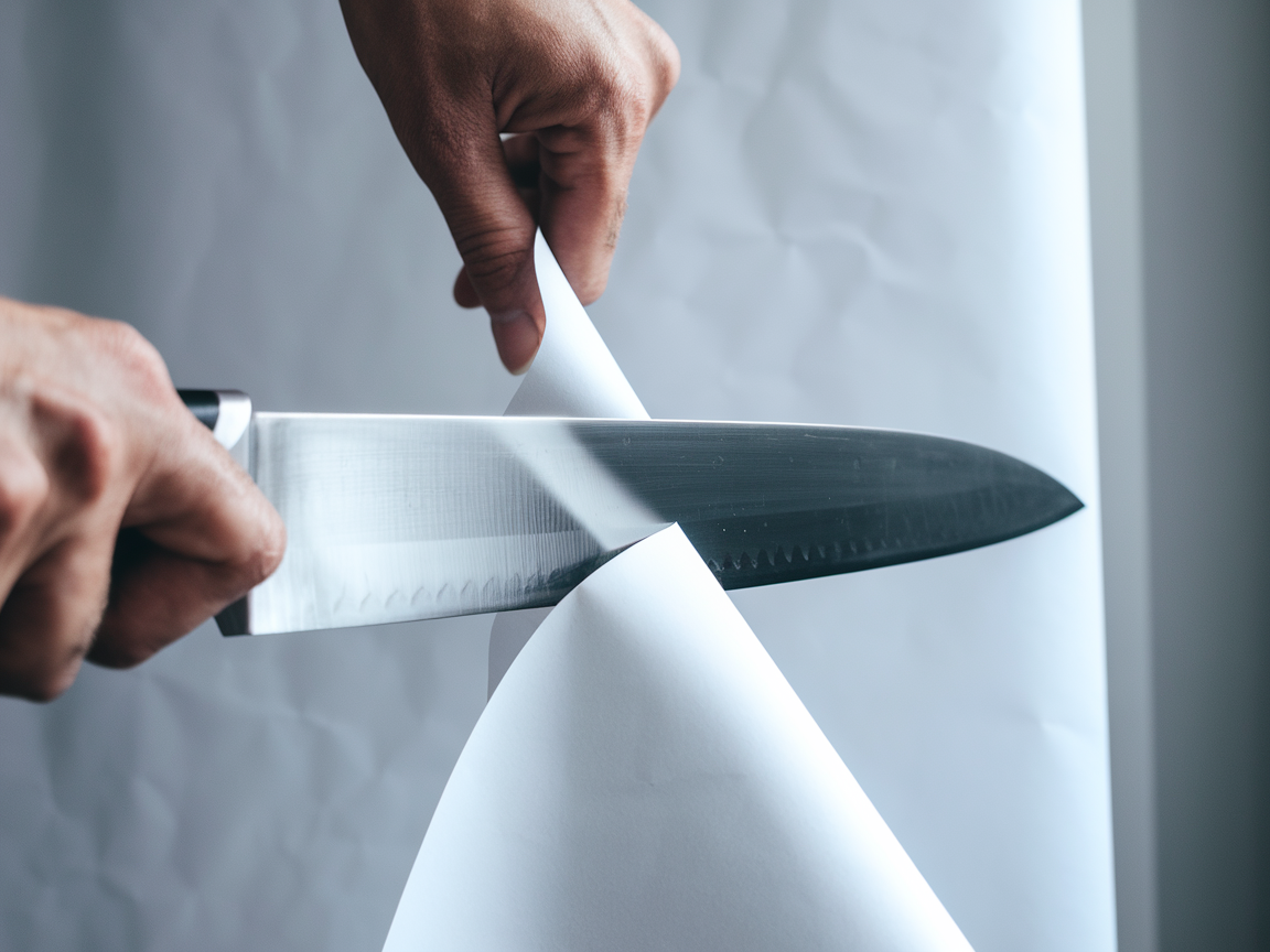 A sharp chef's knife slicing cleanly through a sheet of white paper, clean straight cut visible