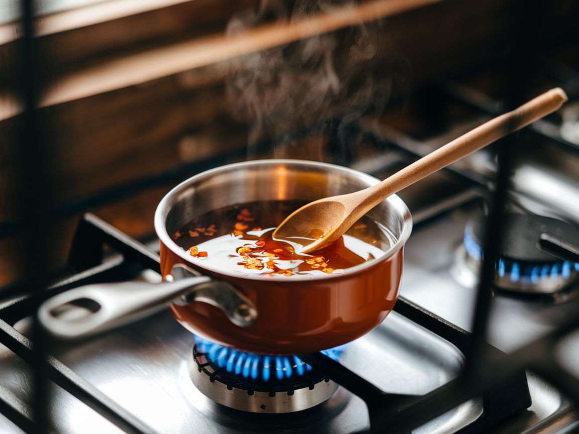 Small saucepan with honey and red chili flakes warming on a stovetop, wooden spoon stirring
