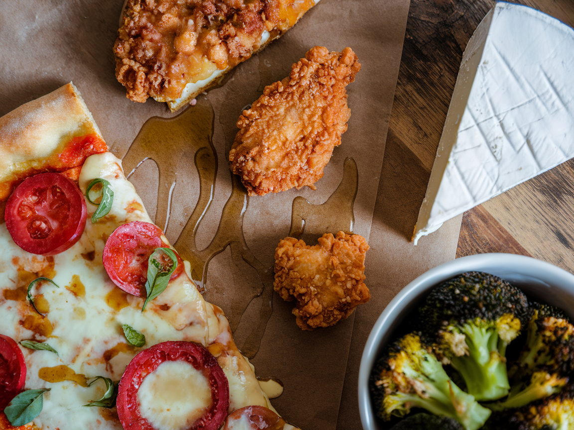 Flat lay of hot honey drizzled over pizza, fried chicken, brie cheese, and roasted broccoli