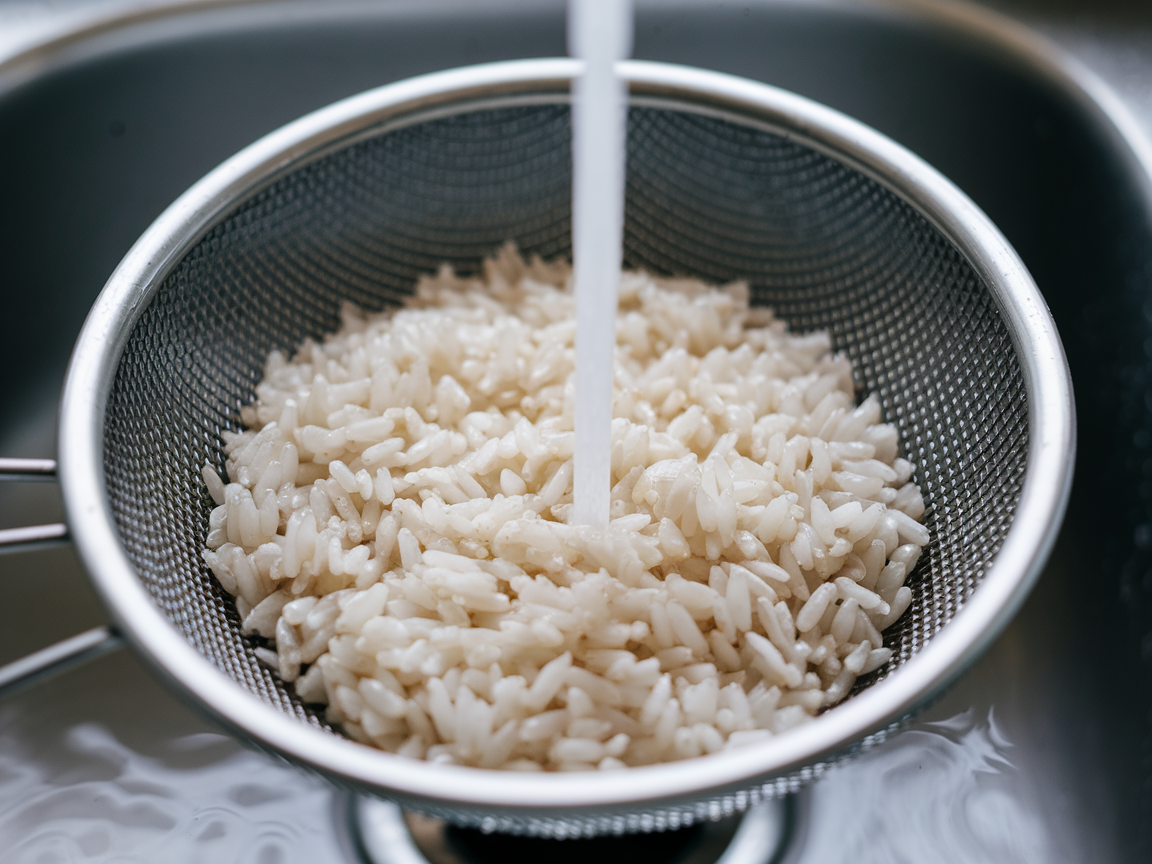 Rinsing raw white rice in a fine mesh strainer until the water runs clear