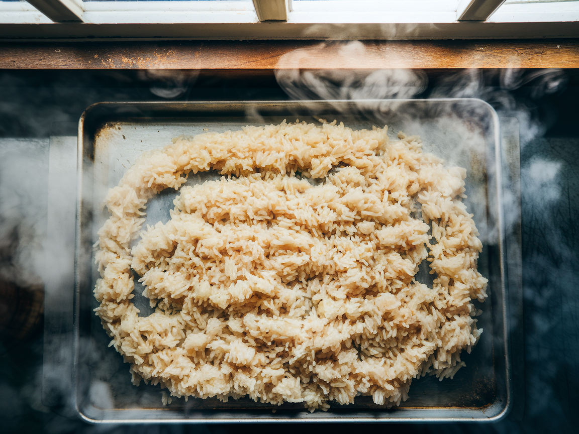 Mushy rice spread thin on a baking sheet to dry out in the oven