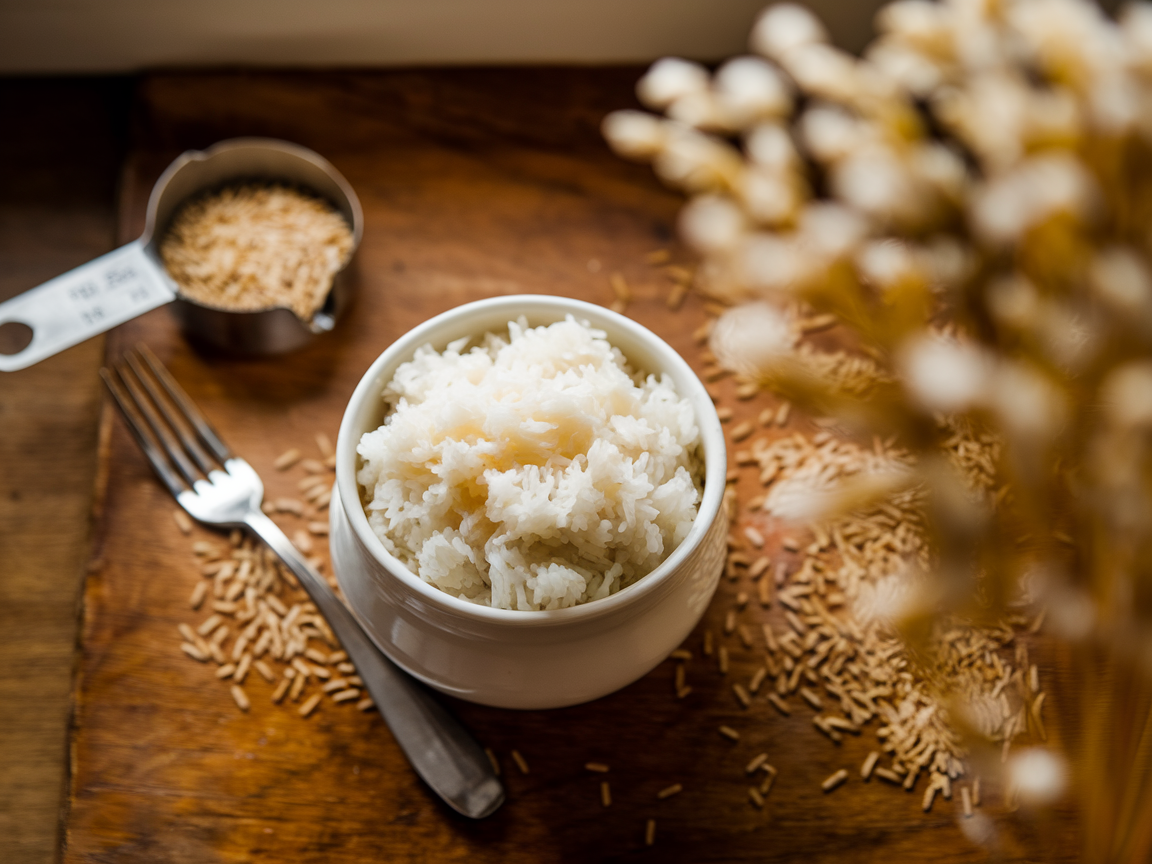 White ceramic bowl of perfectly cooked fluffy white rice with a fork and measuring cup