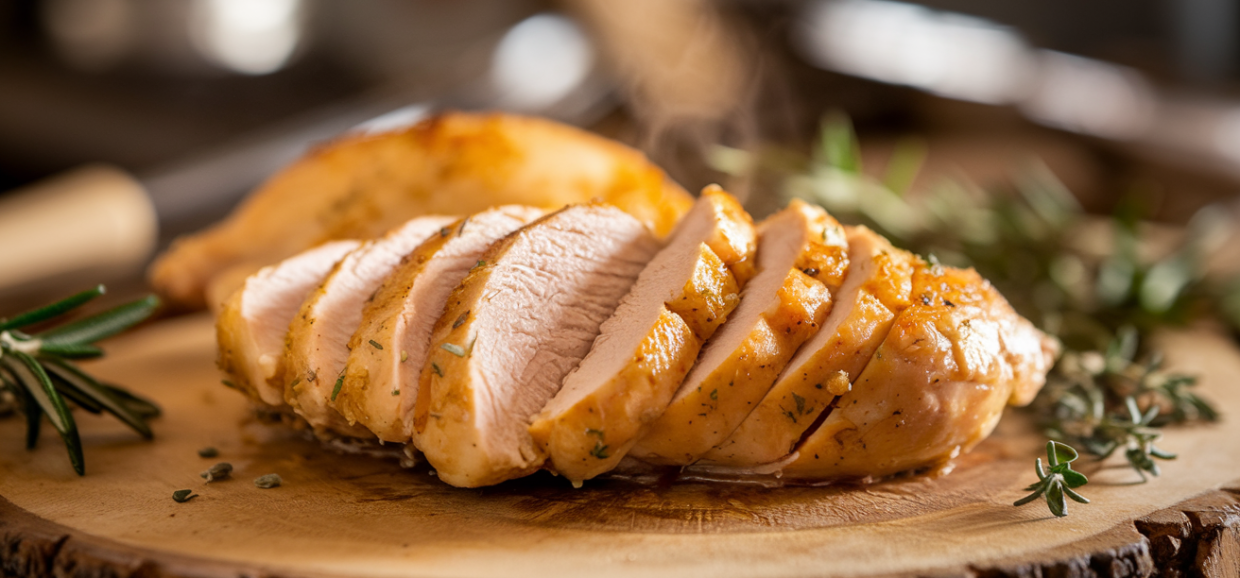 Juicy sliced chicken breast on a wooden cutting board showing moist interior with steam rising