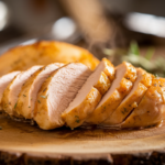 Juicy sliced chicken breast on a wooden cutting board showing moist interior with steam rising