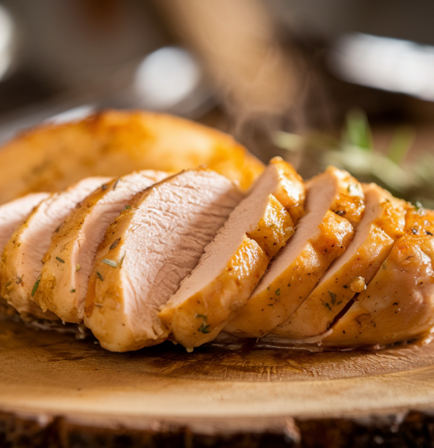 Juicy sliced chicken breast on a wooden cutting board showing moist interior with steam rising