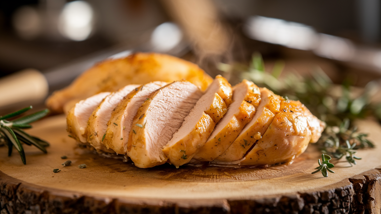 Juicy sliced chicken breast on a cutting board showing moist interior