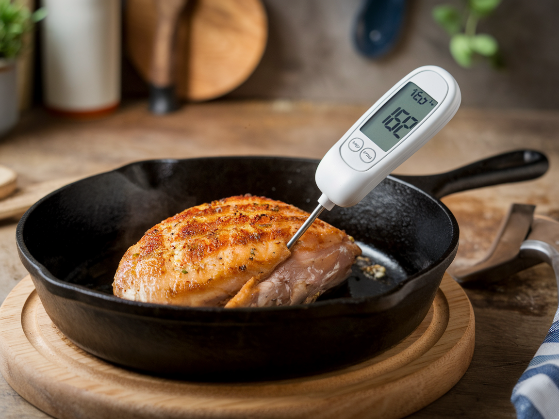 Meat thermometer showing 162°F inserted into chicken breast in a cast iron skillet