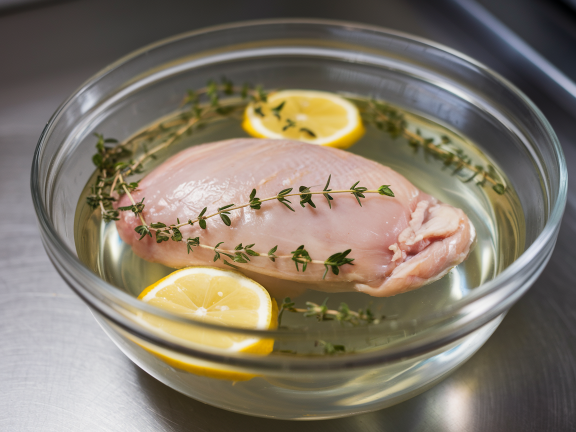 Chicken breast submerged in salt brine with lemon and thyme in a glass bowl