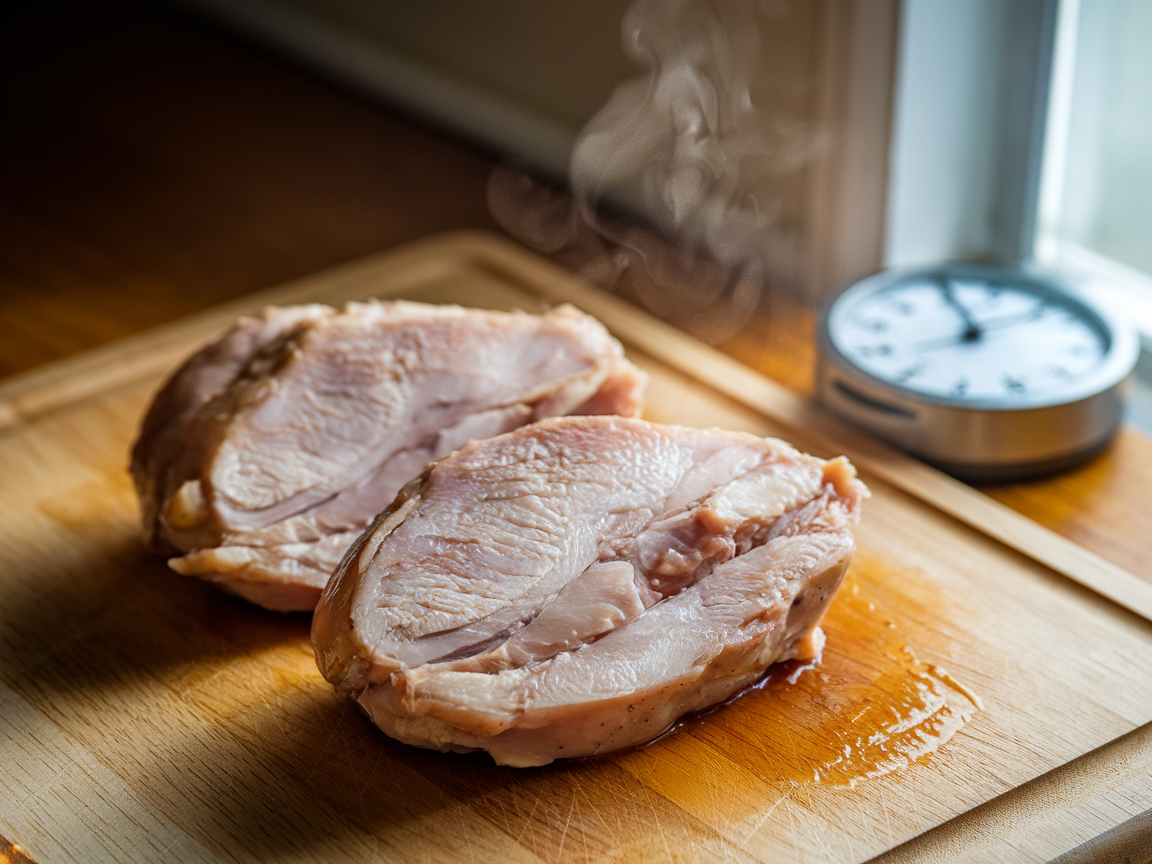 Sliced juicy chicken breast on cutting board with steam and juices visible