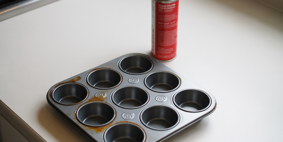 Empty muffin tin with cooking spray