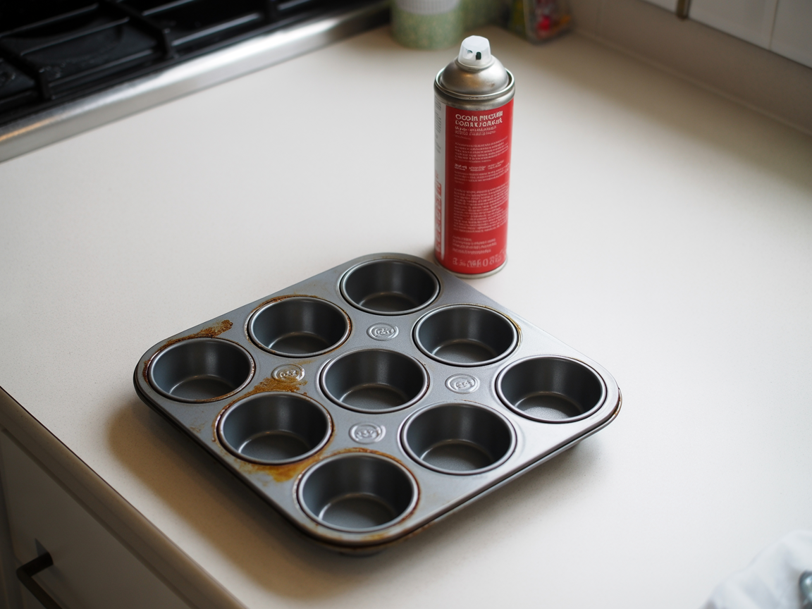 Empty muffin tin with cooking spray