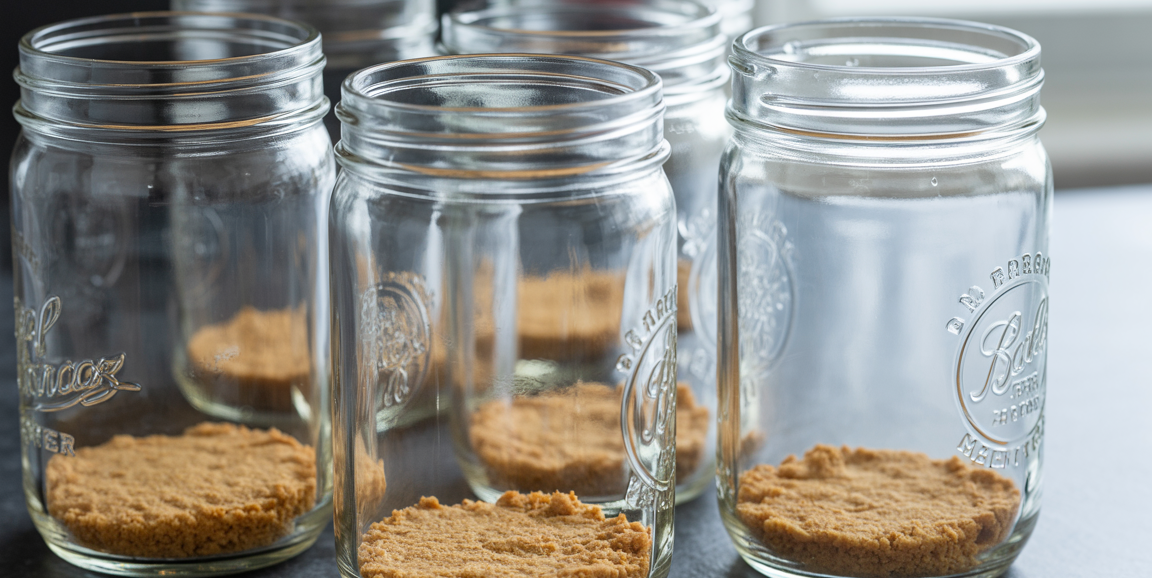 Six mason jars with graham cracker crust at the bottom