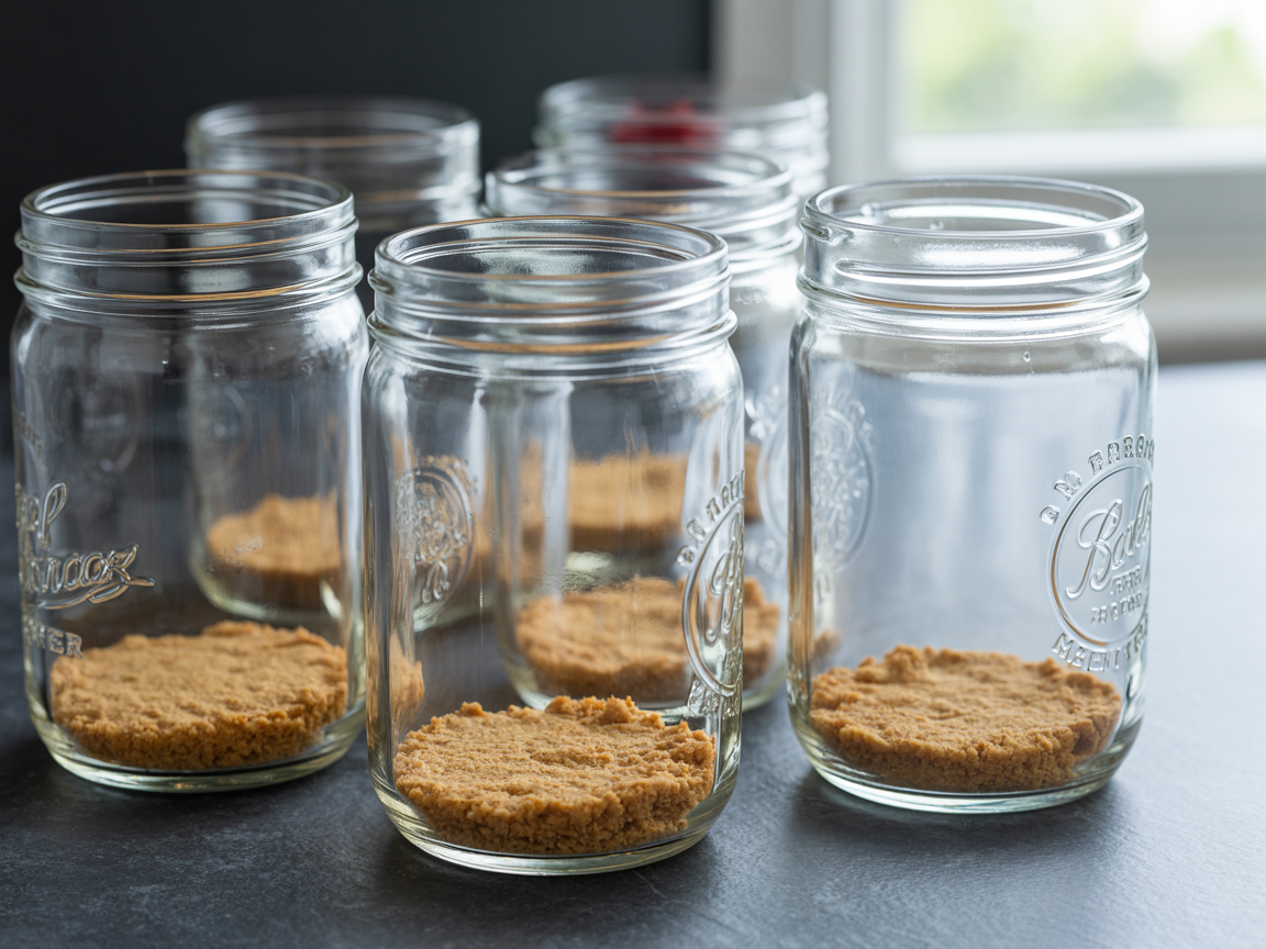 Six mason jars with graham cracker crust at the bottom