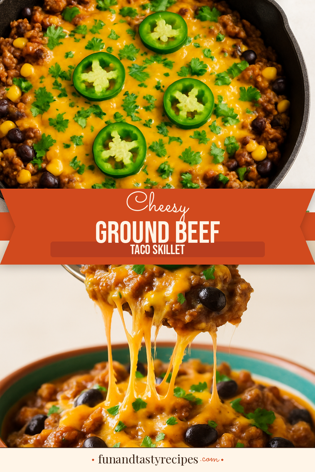 Cheesy Ground Beef Taco Skillet — pin this recipe
